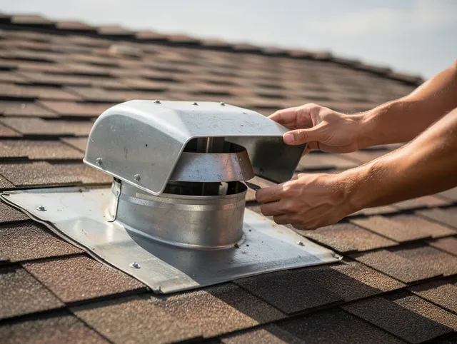 Rocky River Dryer Vent Cleaning certified technician safely cleaning a roof-mounted dryer vent in Rocky River