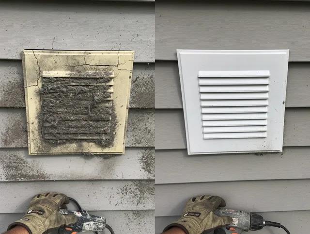 Rocky River Dryer Vent Cleaning technician installing high-quality dryer vent cover at a residential property in Rocky River