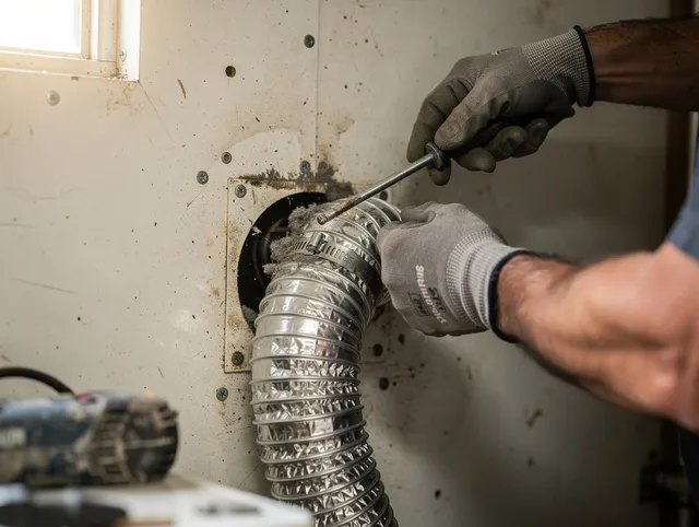 Rocky River Dryer Vent Cleaning technician performing precise dryer vent hose installation in Rocky River